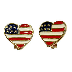 Novelty Clip On Earrings Patriotic USA Flag Fashion Jewelry Goldtone & Enamel
